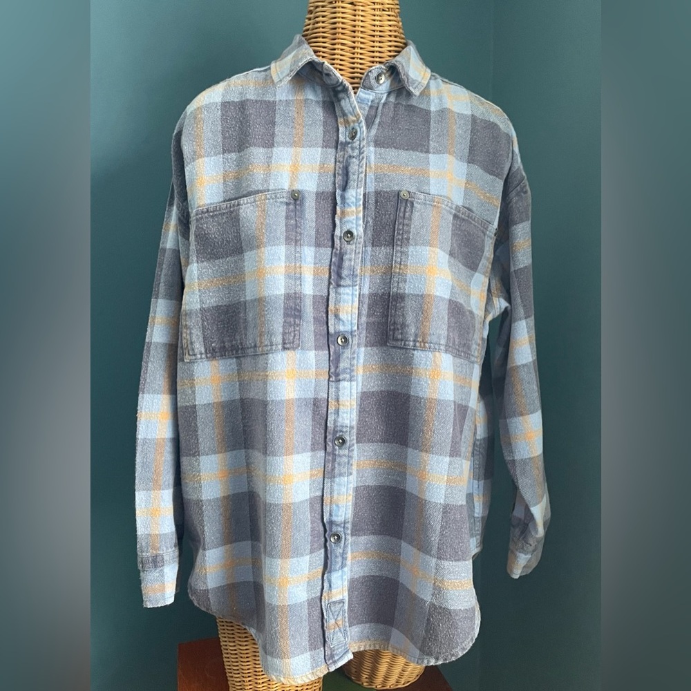 Aerie Plaid Oversized Flannel Shirt Soft Blue Orange Size XS 100% Cotton